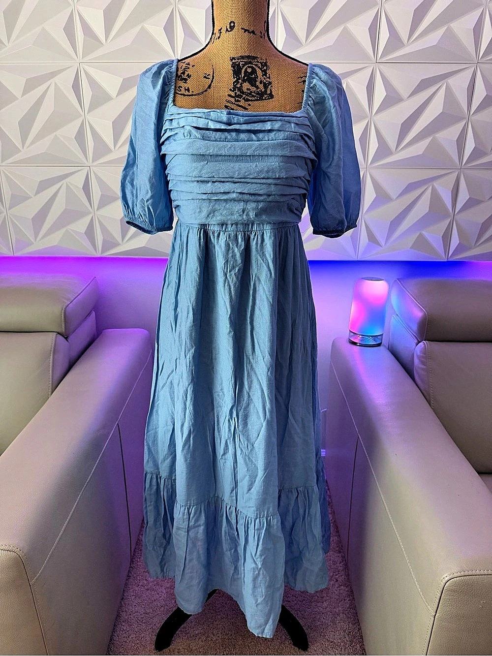 Altar’d State Light Blue Ruched Puff Sleeve Midi Dress | M
